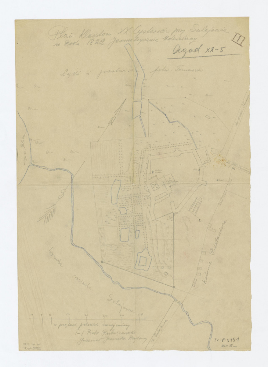 plan sytuacyjny klasztoru z kościołem, zabudowaniami i ogrodami klasztornymi /według Piotra Rubaszewskiego 1822 rok/. AGAD XX-5, skan 1