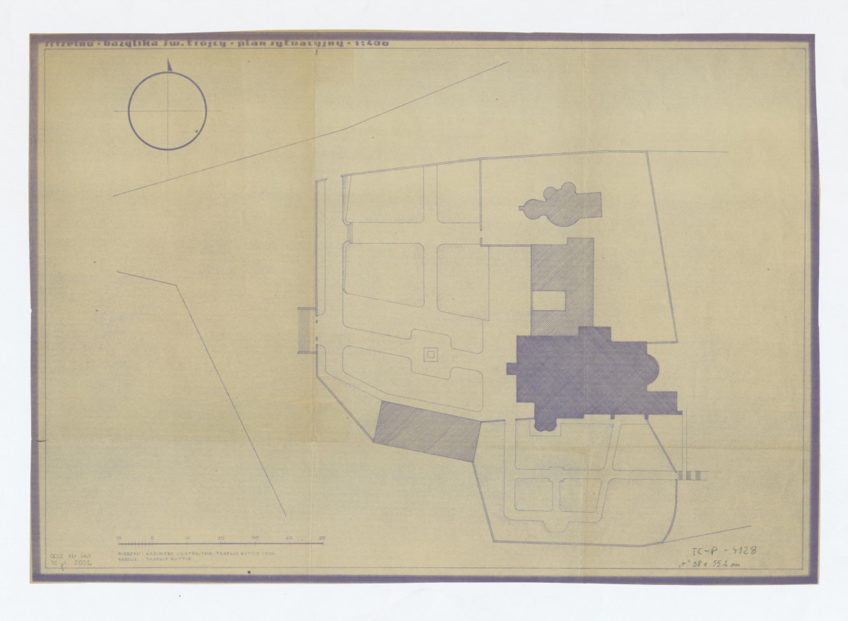plan sytuacyjny bazyliki z uwzględnieniem ogrodów otaczających. Według pomiaru Kazimierza Lichtensteina, Tadeusza Ruttie 1930, skan 1