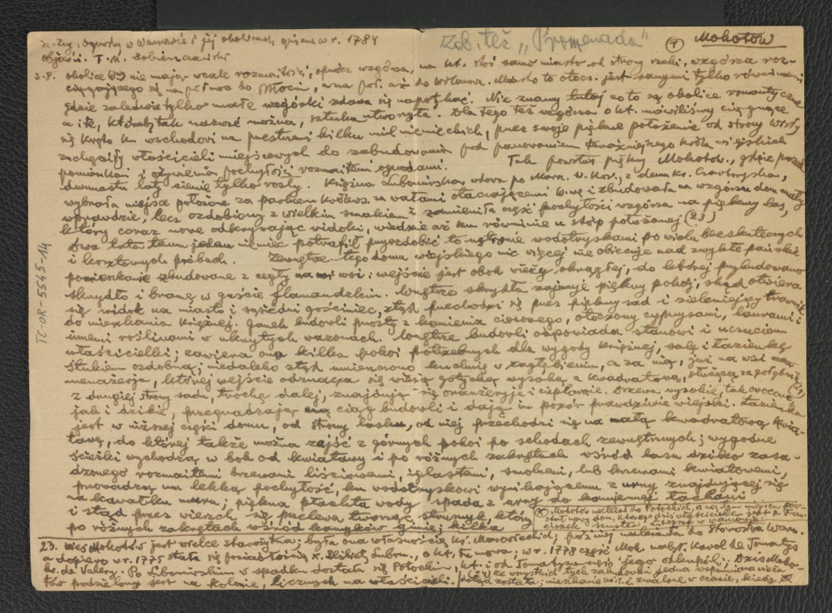 wypis z Zug S., Ogrody w Warszawie i jej okolicach opisane w 1784, Warszawa 1898, s. 8, 10. 12, 23, 25-27 dotyczący miejscowej posesji; odsyłacz do „Promenady”; trzy karty , skan 1