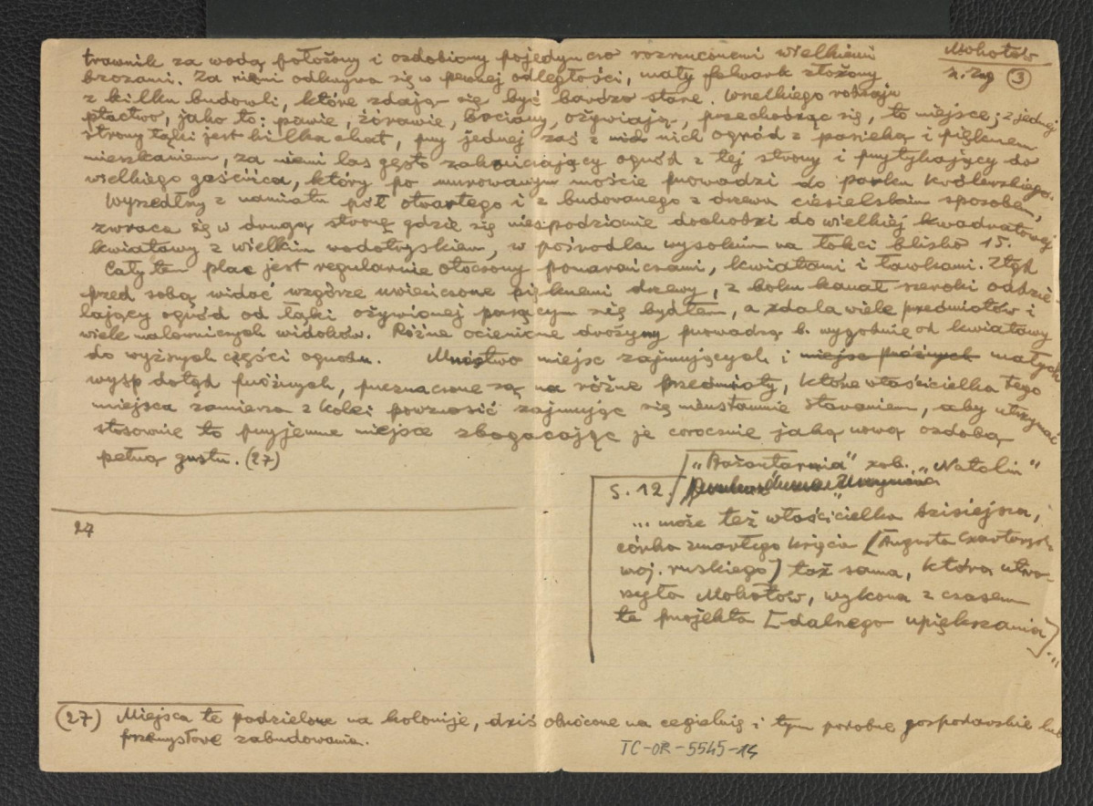 wypis z Zug S., Ogrody w Warszawie i jej okolicach opisane w 1784, Warszawa 1898, s. 8, 10. 12, 23, 25-27 dotyczący miejscowej posesji; odsyłacz do „Promenady”; trzy karty , skan 3