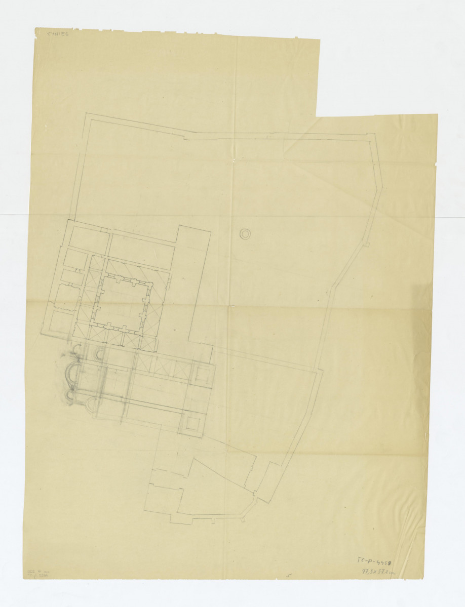 rzut ? , plan sytuacyjny klasztoru z kościołem i zabudowaniami klasztornymi, skan 1