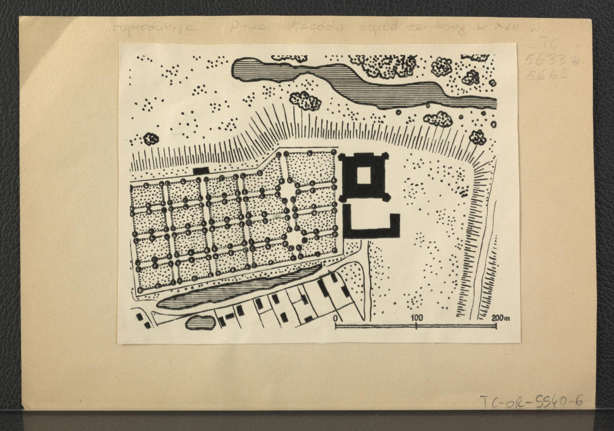 reprodukcje planu zamieszczego w Ciołek G., Ogrody polskie, Warszawa 1954, s. 60, a ukazującgo ogród i zwierzyniec przy Pałacu Ujazdowskim w poł. XVIII w.  , skan 1