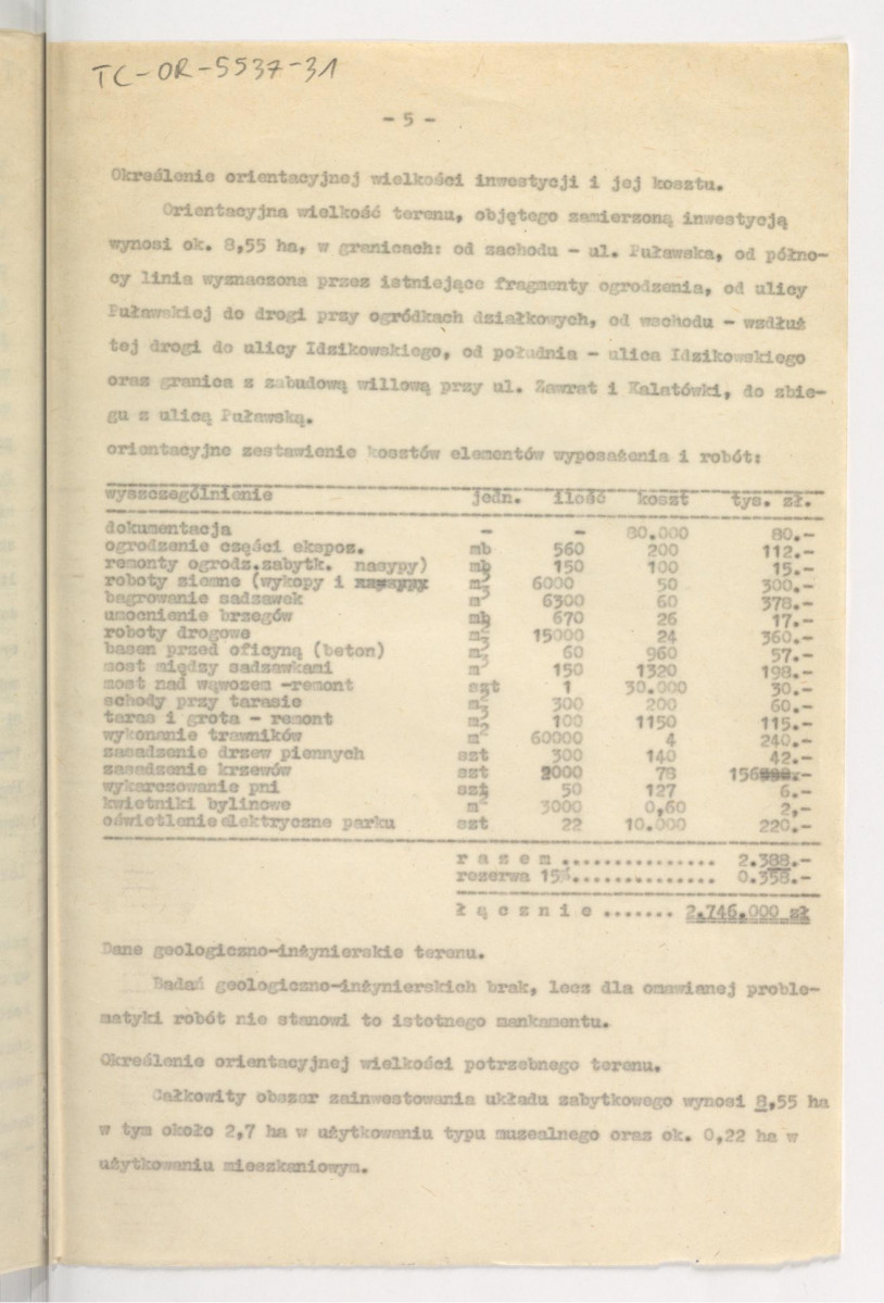 założenia projektu rekonstrukcji ogrodu Królikarnia w Warszawie; oprac. G. Ciołek; 1962; siedem kart , skan 6