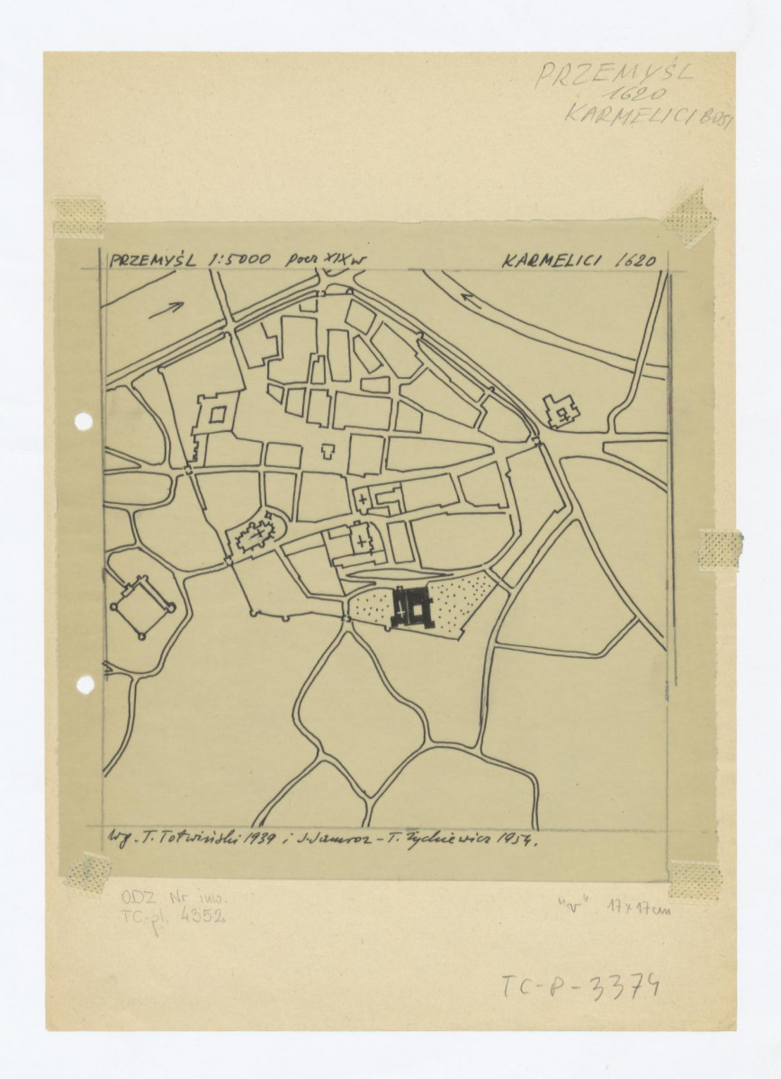 plan sytuacyjny stan z początku XIX w. według T. Tołwińskiego 1939 i J. Jamroza - T. Żychiewicz, 1954, skan 1