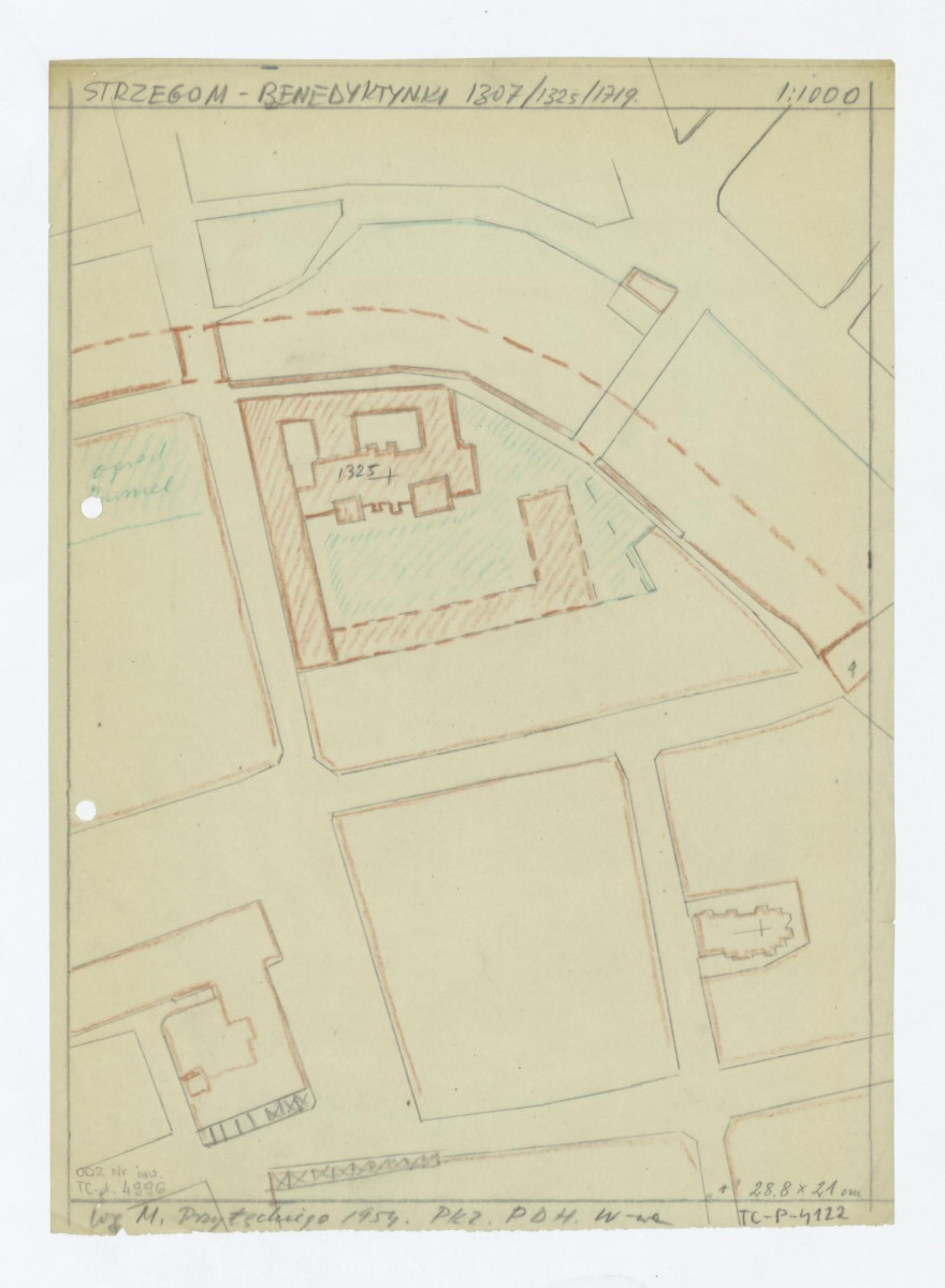plan sytuacyjny klasztoru z kościołem i zabudowaniami klasztornymi oraz terenów przyległych. /według M. Przyłęckiego  1954 rok Pracownie Konserwacji Zabytków PDH Warszawa, skan 1