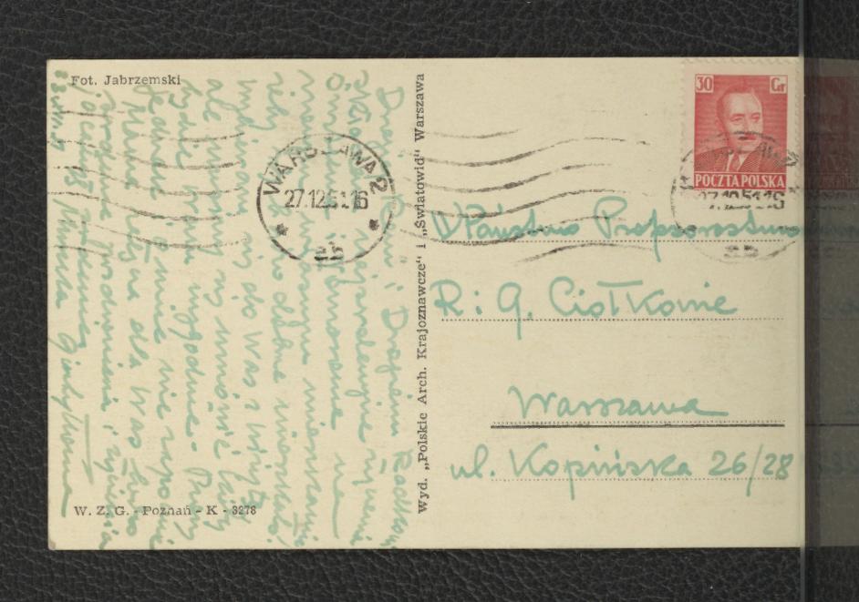 pocztówka z wydrukiem czarno-białej fotografii przedstawiającej elewację frontową Pałacu Kazimierzowskiego, skan 2