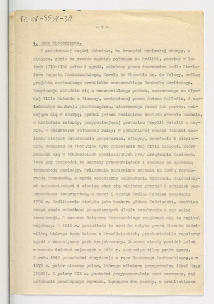 opis techniczny projektu wstępnego rekonstrukcji ogrodu Królikarnia w Warszawie; oprac. G. Ciołek; 1962 r.; dziewięć kart , skan 2
