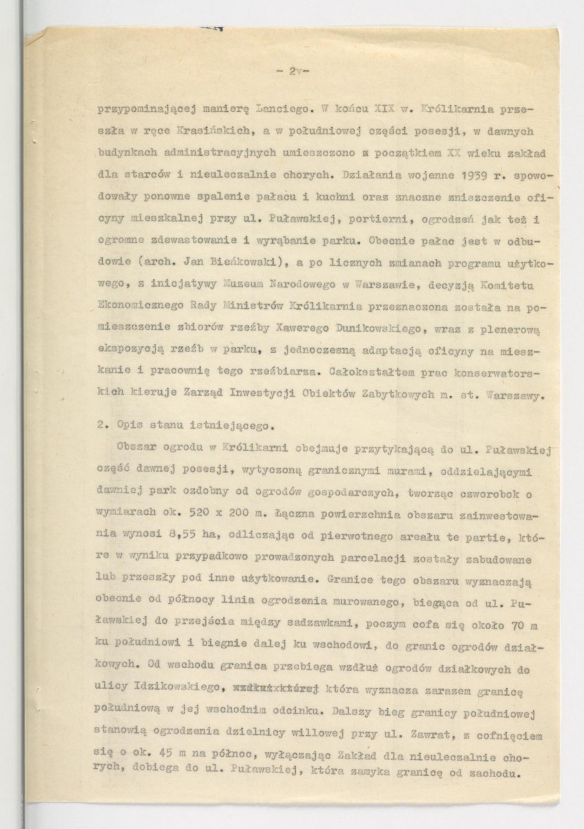opis techniczny projektu wstępnego rekonstrukcji ogrodu Królikarnia w Warszawie; oprac. G. Ciołek; 1962 r.; dziewięć kart , skan 3
