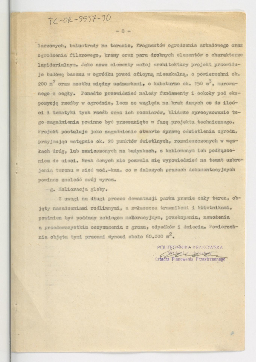 opis techniczny projektu wstępnego rekonstrukcji ogrodu Królikarnia w Warszawie; oprac. G. Ciołek; 1962 r.; dziewięć kart , skan 9