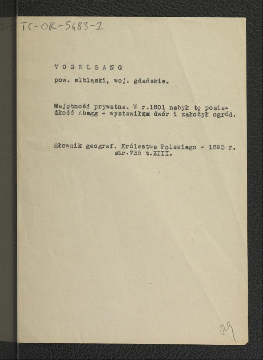 wypis z Słownik Geograficzny Królestwa Polskiego  t. XIII, s. 735 wzmiankujący zakup posesji przez osobę nazwiskiem Abegg w roku 1801 oraz wystawienie przezeń dworu i ogrodu , skan 1