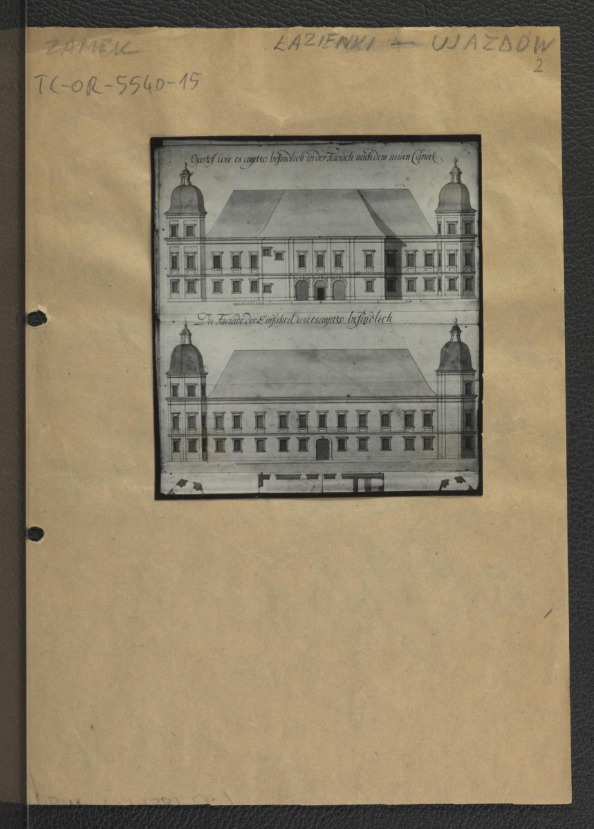 fotografia czarno-biała przedstawiająca fragment planu Zamku Ujazdowskiego ukazujący elewację frontową i ogrodową tego budynku  , skan 1