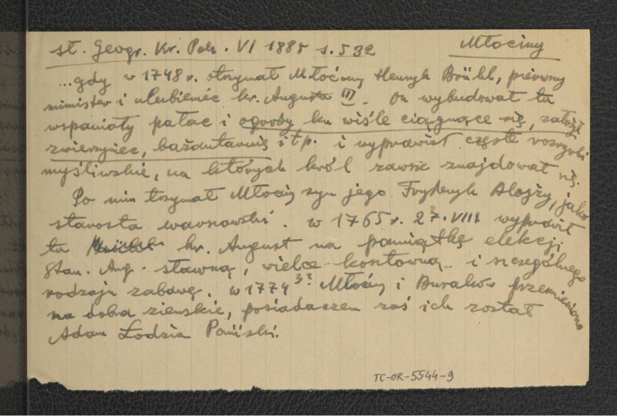 wypis z Słownik Geograficzny Królestwa Polskiego t. VI, s. 532 dotyczący właścicieli miejscowej posesji – m.in. Henryka Brühla, skan 1
