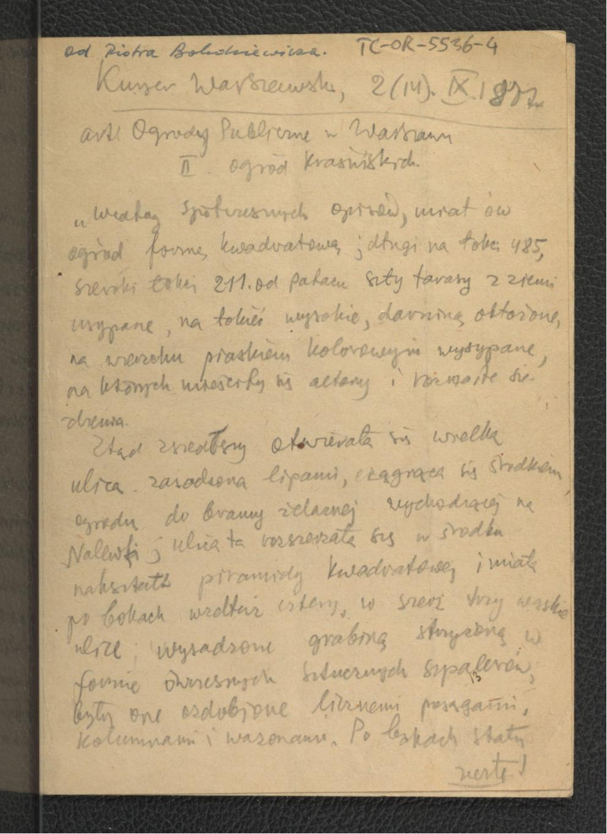 wypis z Ogrody publiczne w Warszawie. Ogród Krasińskich w: „Kuryer Warszawski” nr 20 z 2 (14) września 1877 r. dotyczący miejscowego pałacu i ogrodu, skan 1
