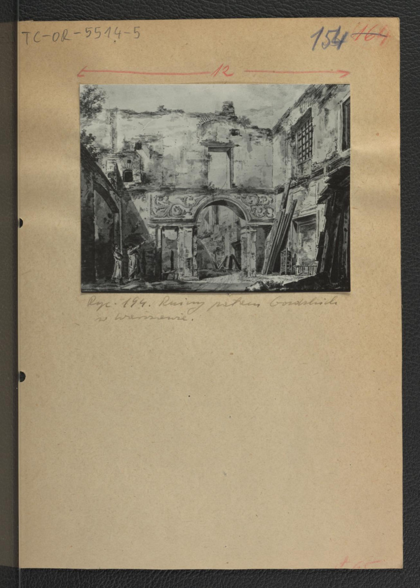 2 fotografie czarno-białe reprodukcji ryciny ukazującej ruiny miejscowego pałacu, skan 1