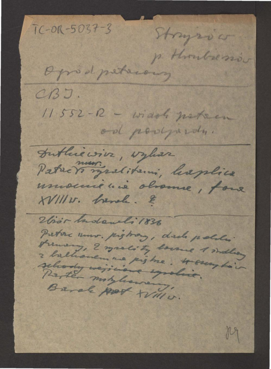 opis do fotografii ze zbioru Centralnego Biura Inwentaryzacji przedstawiający widok miejscowego pałacu od strony podjazdu; Dutkiewicz J., Wykaz zabytków architektury województwa lubelskiego, 1947 dotyczący murowanego pałacu, kaplicy i fosy z XVIII w.; Zbiór budowli 1836 dotyczący murowanego, piętrowego pałacu barokowego z XVIII w. , skan 1