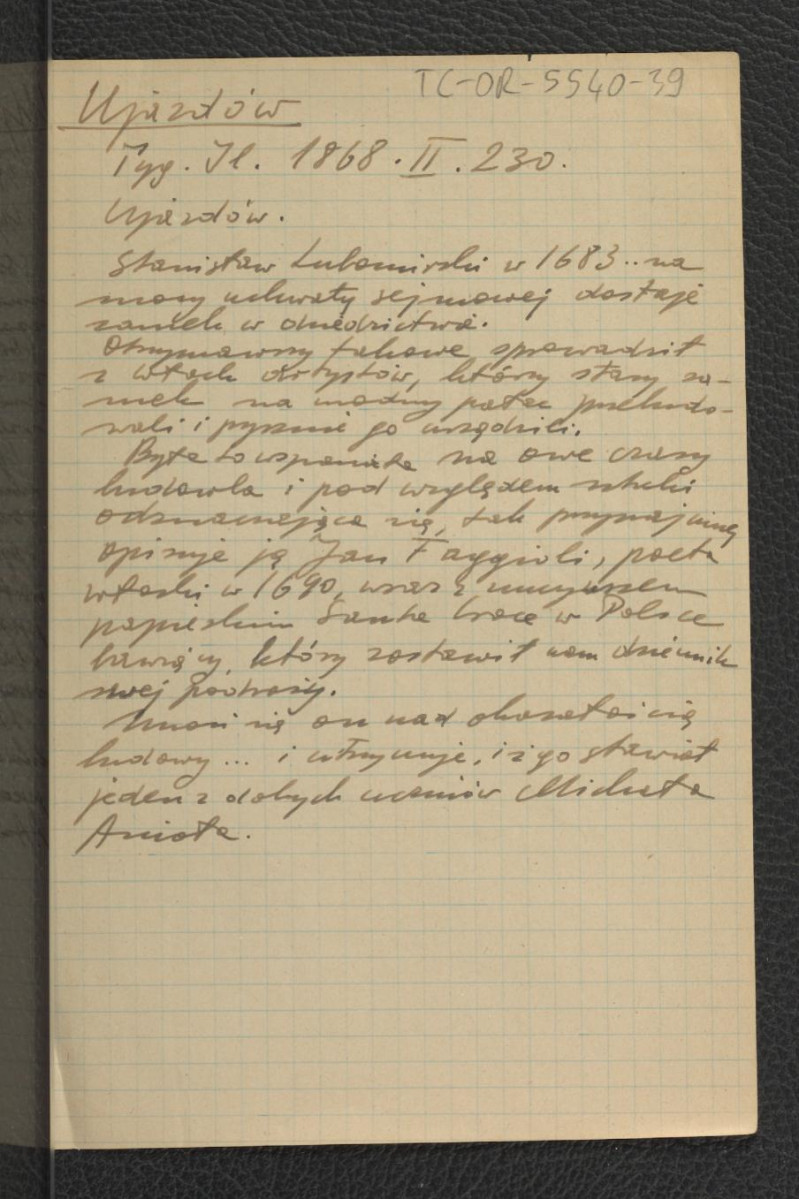 wypis z „Tygodnika Ilustrowanego” r. II (1868), s. 230 dotyczący fundacji S. Lubomirskiego z roku 1683 oraz jej późniejszych losów , skan 1