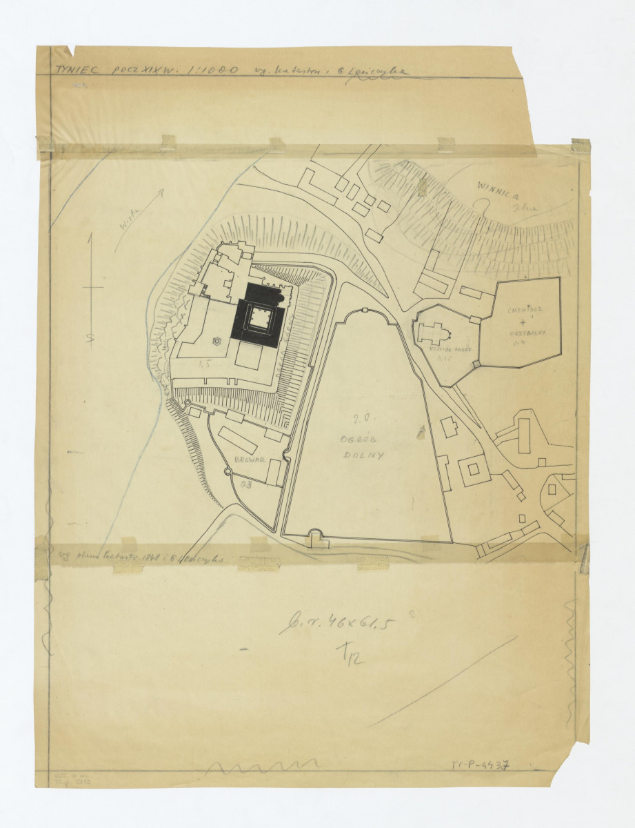 plan sytuacyjny odrys i opracowanie według katastru i G. Leńczyka z 1848 roku w skali 1:2880. Przygotowanie do opracowania w skali 1:1000, skan 1