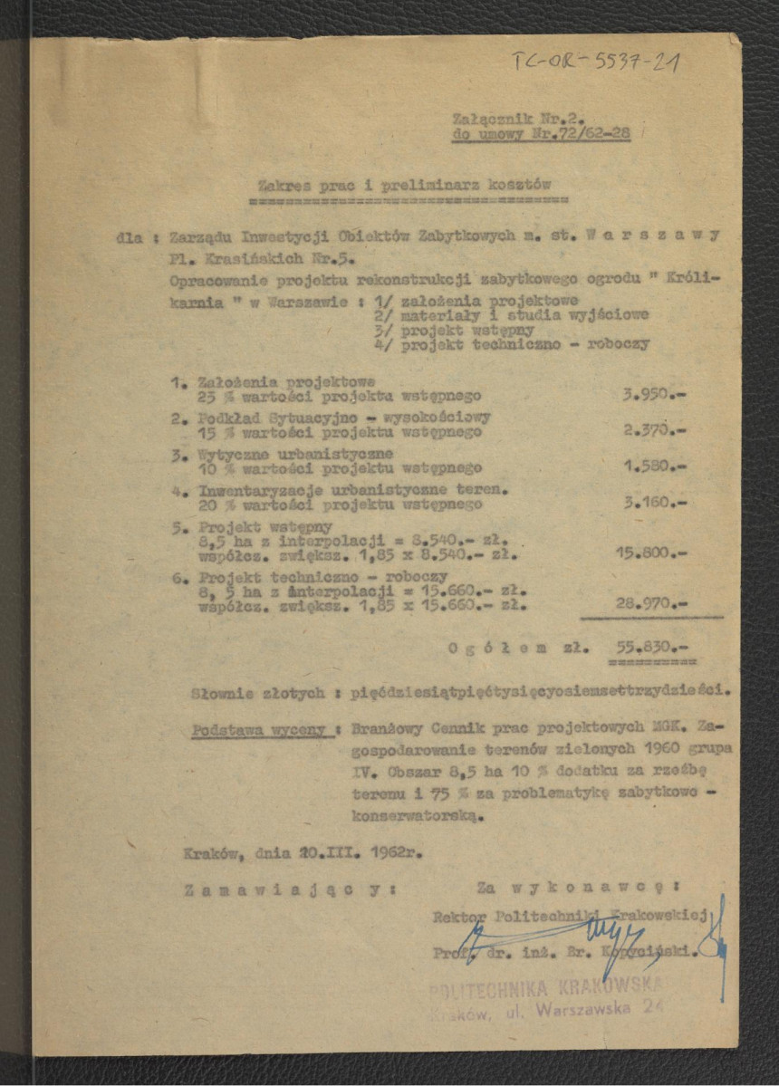 załącznik nr 2 do umowy nr 72/62-28: Zakres prac i preliminarz kosztów opracowania projektu rekonstrukcji zabytkowego ogrodu Królikarnia z 10 marca 1962 r.  , skan 1