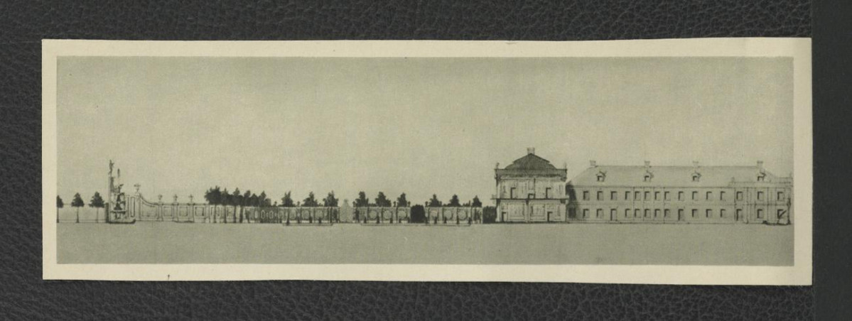 2 nadbitki zawierające fotografie czarno-białe ukazujące przekrój podłużny ogrody i miejscowego pałacu z 1732 r.; ze zbiorów drezdeńskich, skan 1