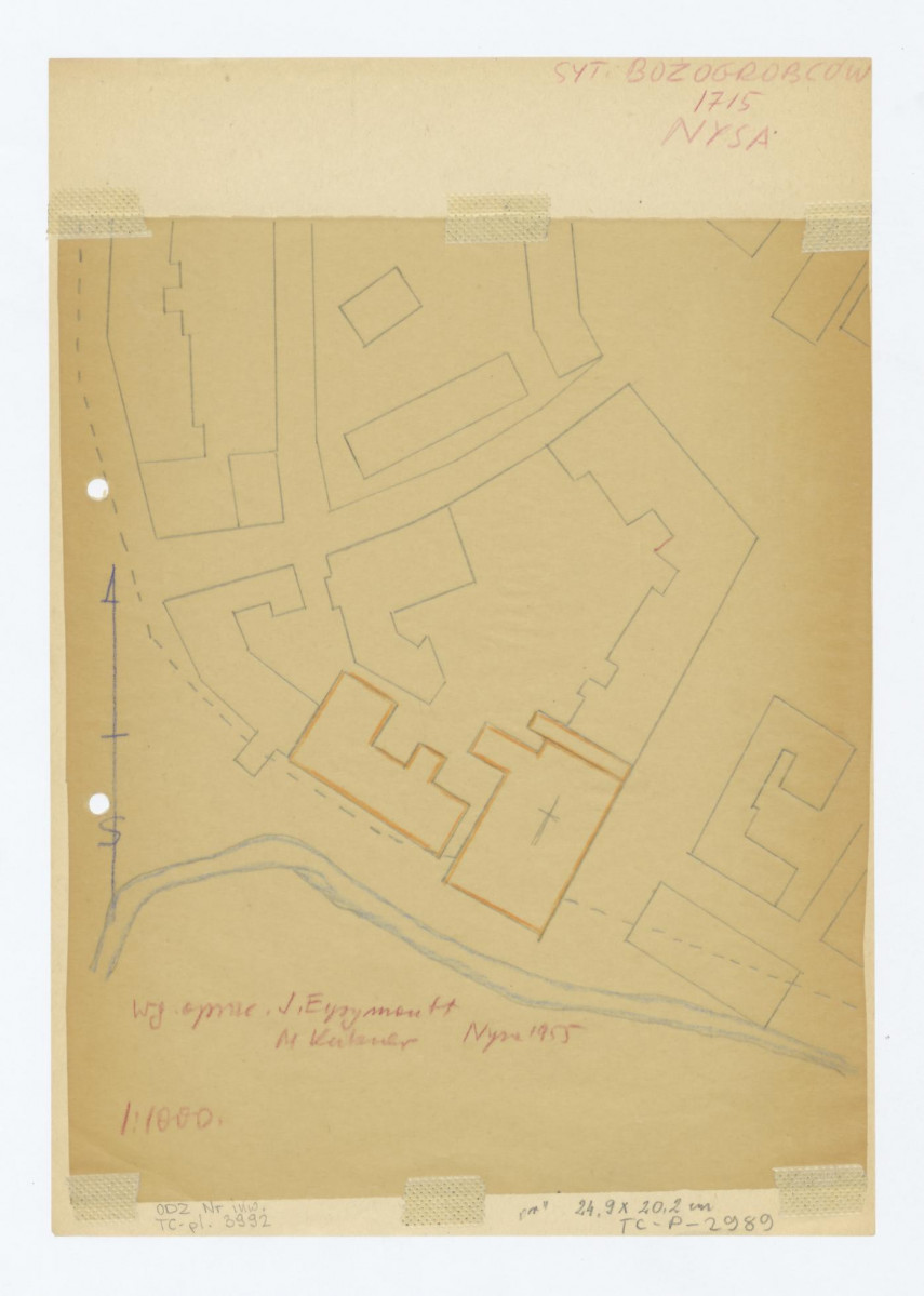 plan sytuacyjny klasztoru z kościołem i zabudowaniami klasztornymi, według opracowania  J. Eysymontt, M. Kukner, Nysa 1955, skan 1