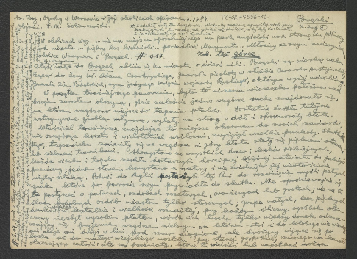 wypis z Zug S., Ogrody w Warszawie i jej okolicach opisane w 1784, Warszawa 1898, s. 13, 15-17, 38 dotyczący charakterystyki miejscowej posesji; jedenaście kart, skan 2