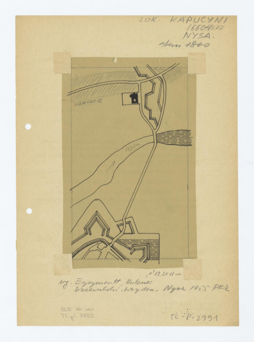 lokalizacja klasztoru. Stan z 1800, według Eysymontt, Kukner, Dziewulski, Woydę - Nysa 1955 Pracownie Konserwacji Zabytków, skan 1