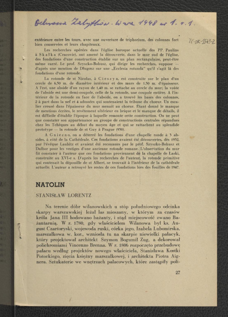 dwie karty z "Ochrony Zabytków" (s. 27-30) nr 1 (1948) zawierający tekst autorstwa Stanisława Lorentza pt. Natolin, skan 1