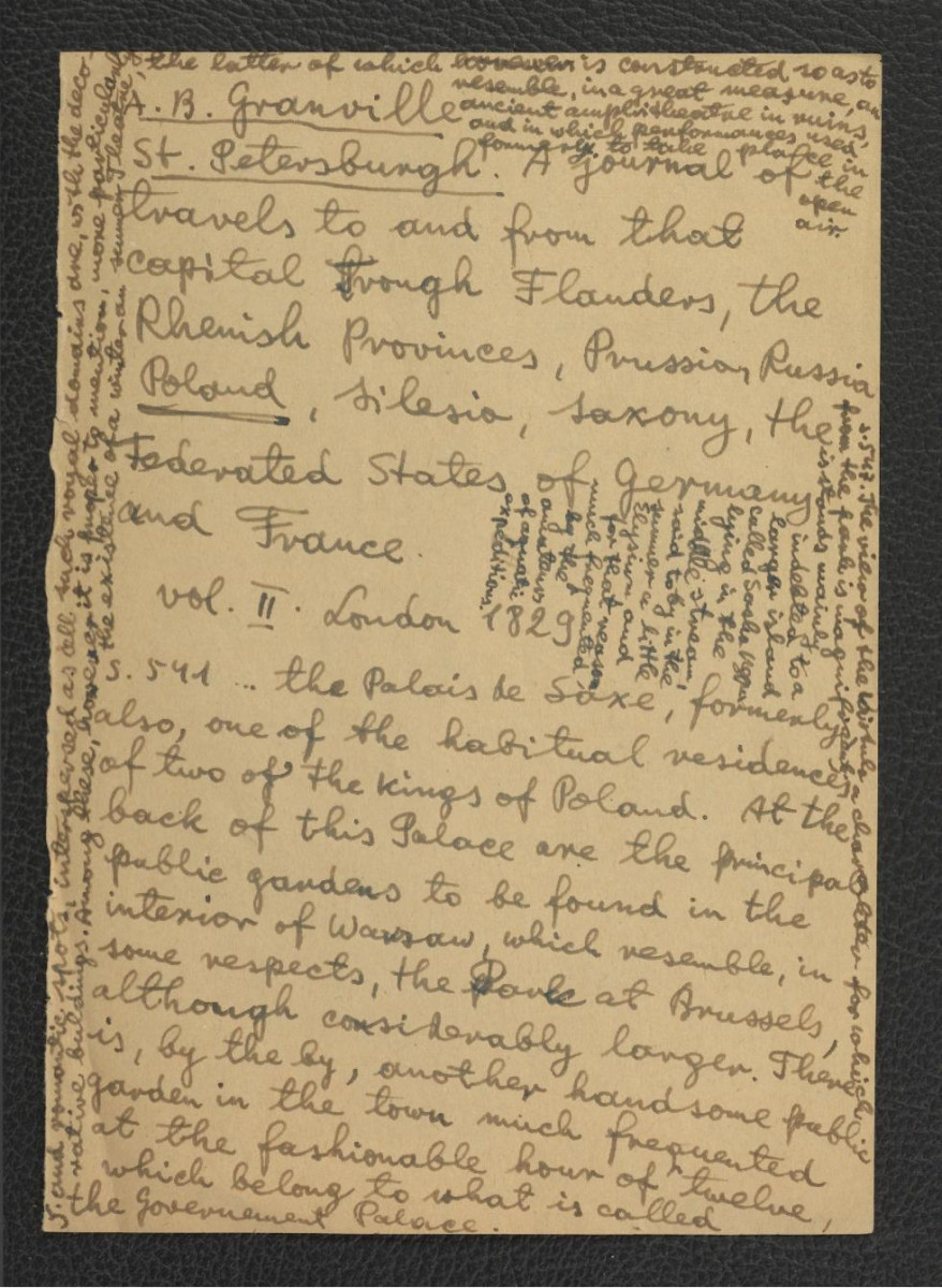 wypis z A.B. Granville, St. Petersburgh. A journal of travels to and from that capital Frough Flanders, the Rhenish Provinces, Prussian, Russia, Poland, Silesia, Saxony, The Federated States of Germany and France vol. II, London 1829, s. 541, 545, 547 zawierający anglojęzyczny wypis dotyczący miejscowego pałacu; dwie karty , skan 3