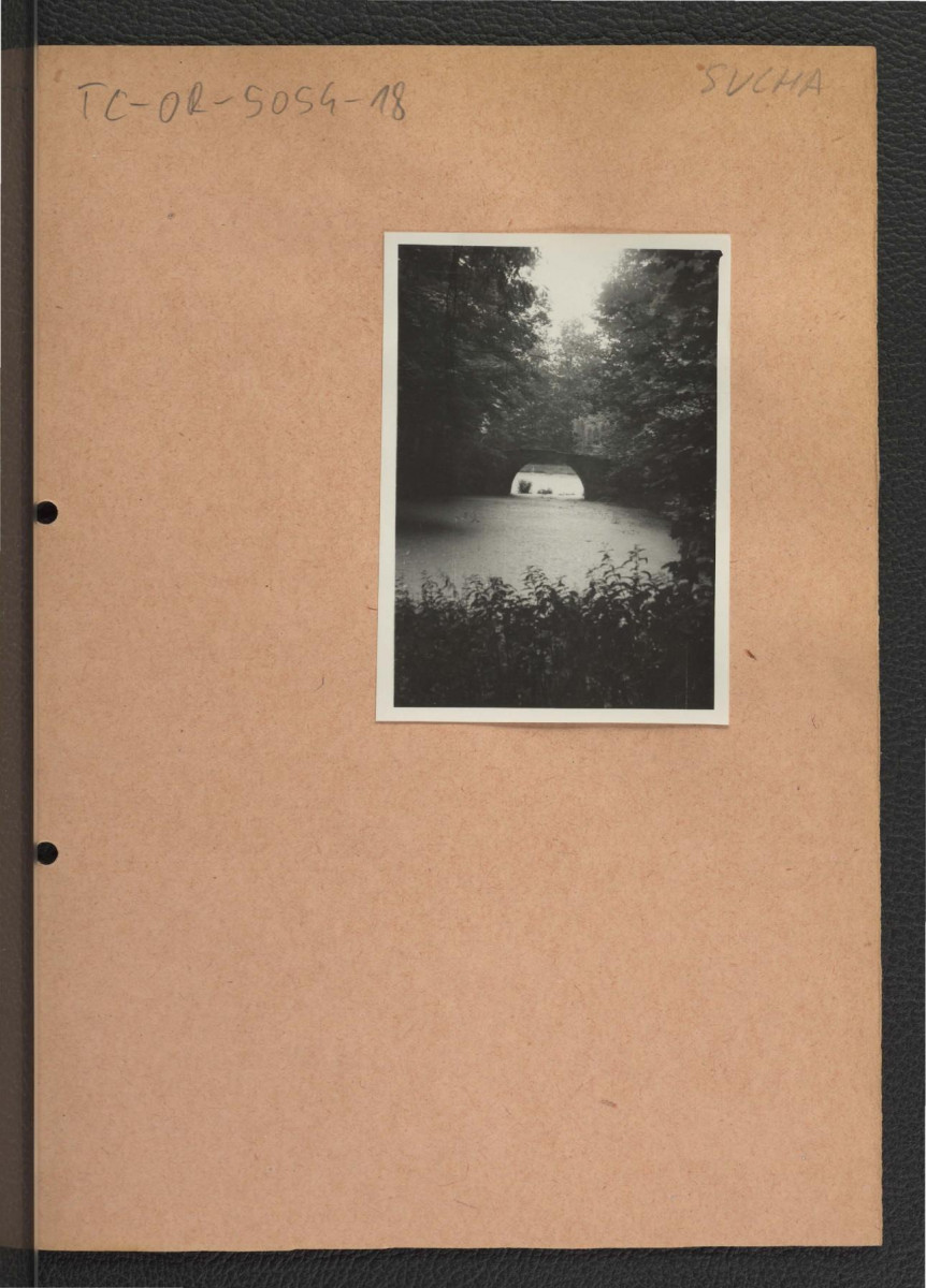 fotografia czarno-biała przedstawiająca mostek w miejscowym parku, skan 1