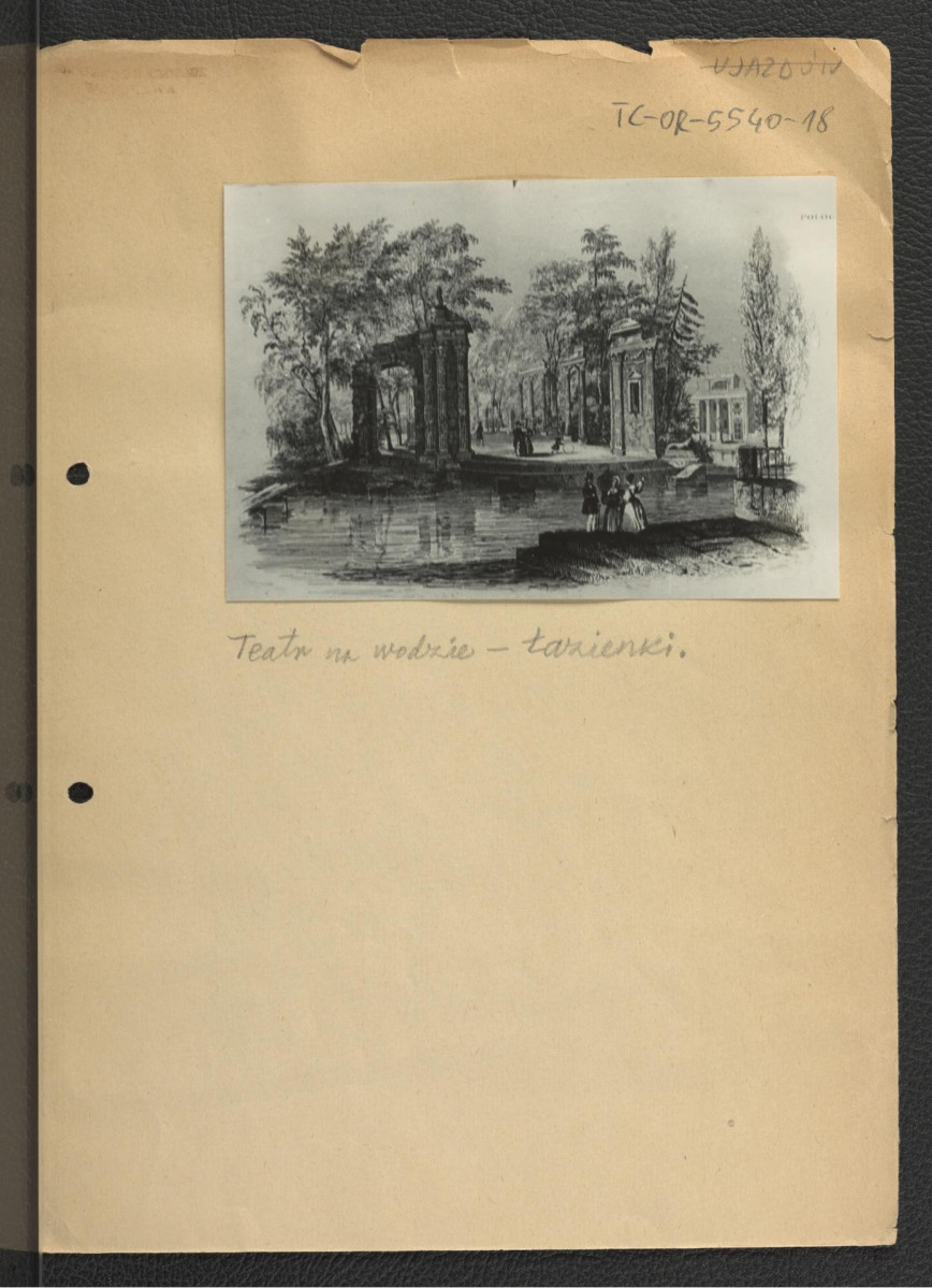 3 fotografie czarno-białe reprodukcji akwarelii autorstwa Z. Vogla ukazaującej widok Teatru na Wodzie w Łazienkach , skan 2