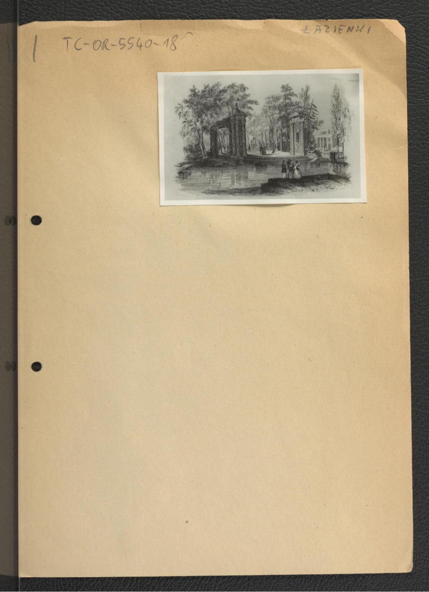 3 fotografie czarno-białe reprodukcji akwarelii autorstwa Z. Vogla ukazaującej widok Teatru na Wodzie w Łazienkach , skan 3