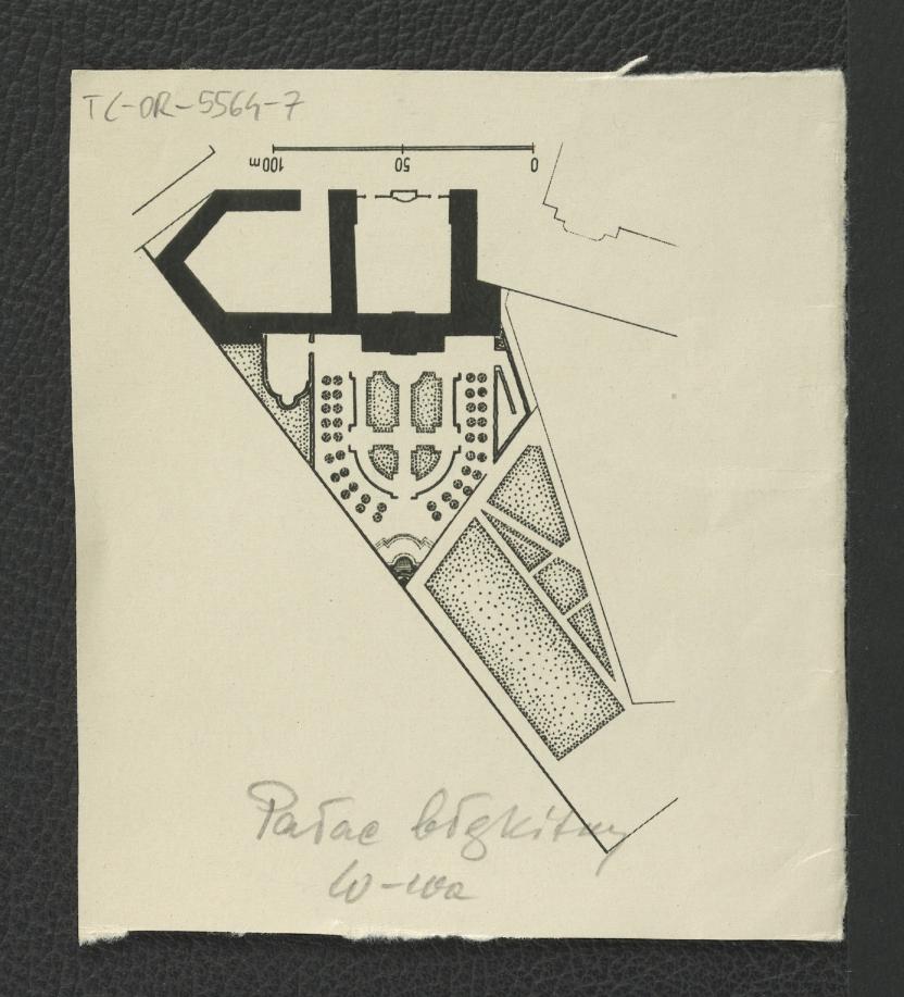 fragment nadbitki ukazującej plan ogrodu przy miejscowym pałacu z 1732 r. według P. M. Pöppelmanna , skan 1