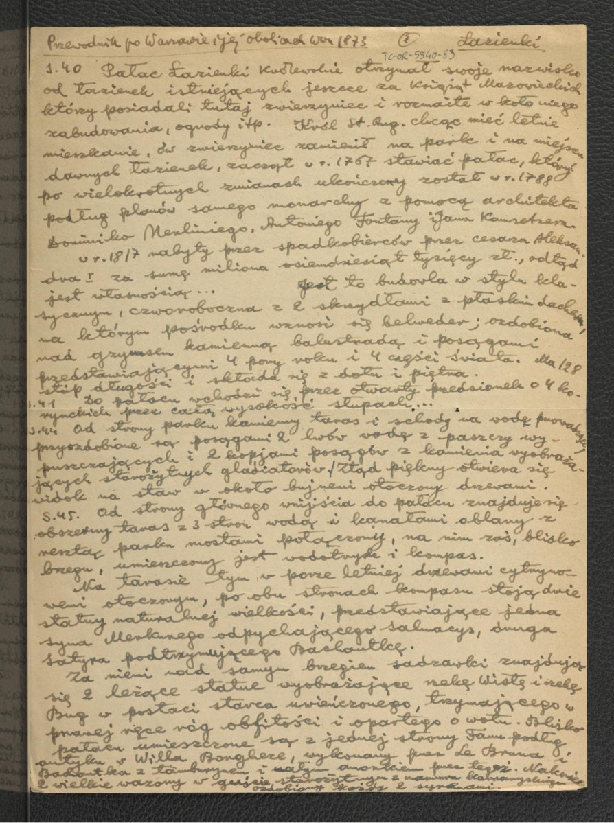 wypis z Chodorowicz I., Fryze F., Przewodnik po Warszawie i jej okolicach, Warszawa 1873, s. 40-41, 44-46 charakteryzujący miejscową posesję; dwie karty , skan 1