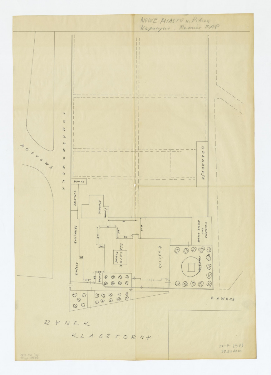 plan sytuacyjny klasztoru z zabudowaniami gospodarczymi, cmentarzem i ogrodami klasztornymi. Pomiar Zakładu Architektury Politechniki, skan 1