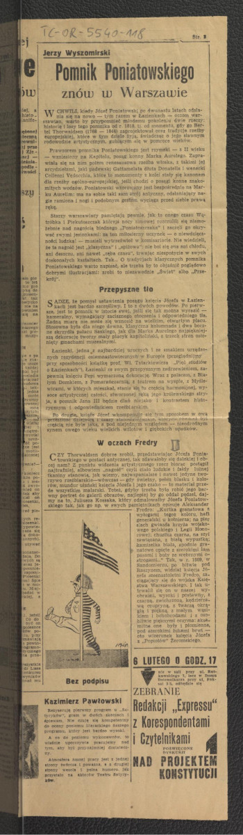 wycinek zawierający tekst autorstwa Jerzego Wyszomirskiego pt. Pomnik Poniatowskiego znów w Warszawie , skan 1