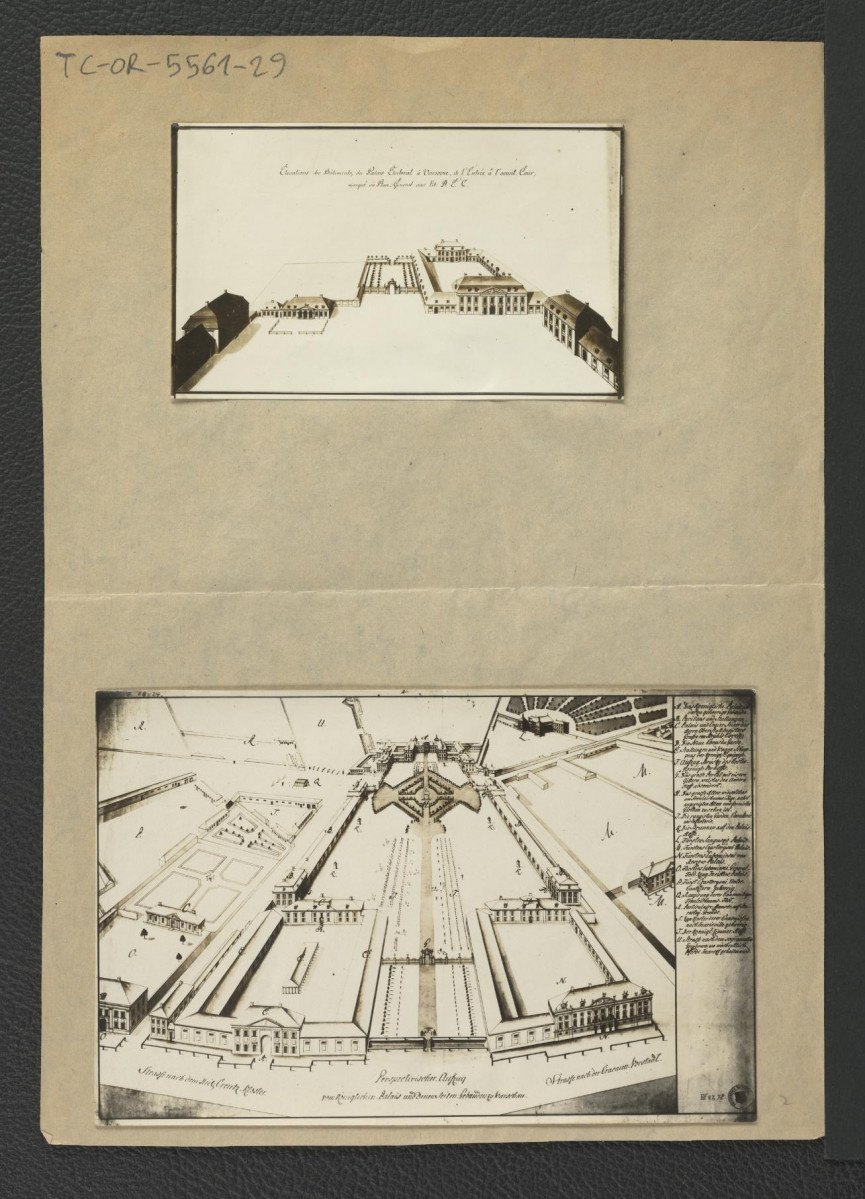 fotografia czarno-biała przedstawiająca plan fragmentu zabudowy Pałacu Saskiego oraz fotografia czarno-biała przedstawiająca plan z tzw. lotu ptaka na miejscowe założenie parkowo-ogrodowe, skan 1