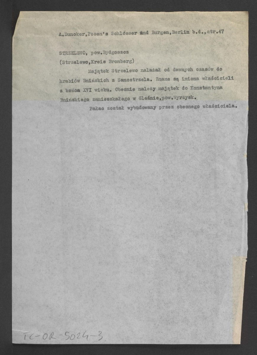 wypis z Duncker A., Posens Schloser und Burgen, Berlin 1887, s. 47 dotyczący przynależność miejscowej posesji do rodziny Branickich oraz niektórych właścicieli w wieku XVI; dwie karty , skan 1