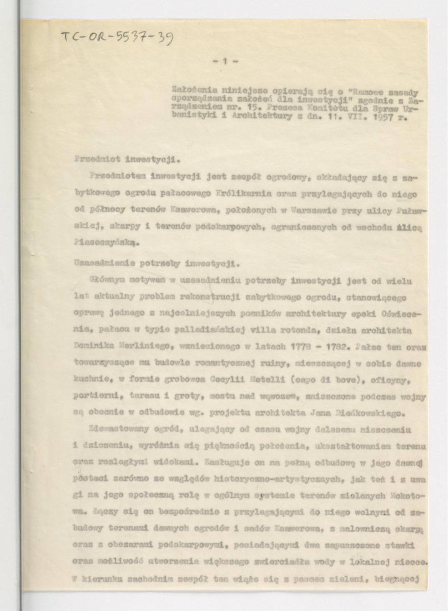 założenia projektowe rekonstrukcji ogrodu Królikarnia i zagospodarowania parku Puławska-Skarpa z 1963 r. opracowane przez G. Ciołka; osiem kart, skan 2