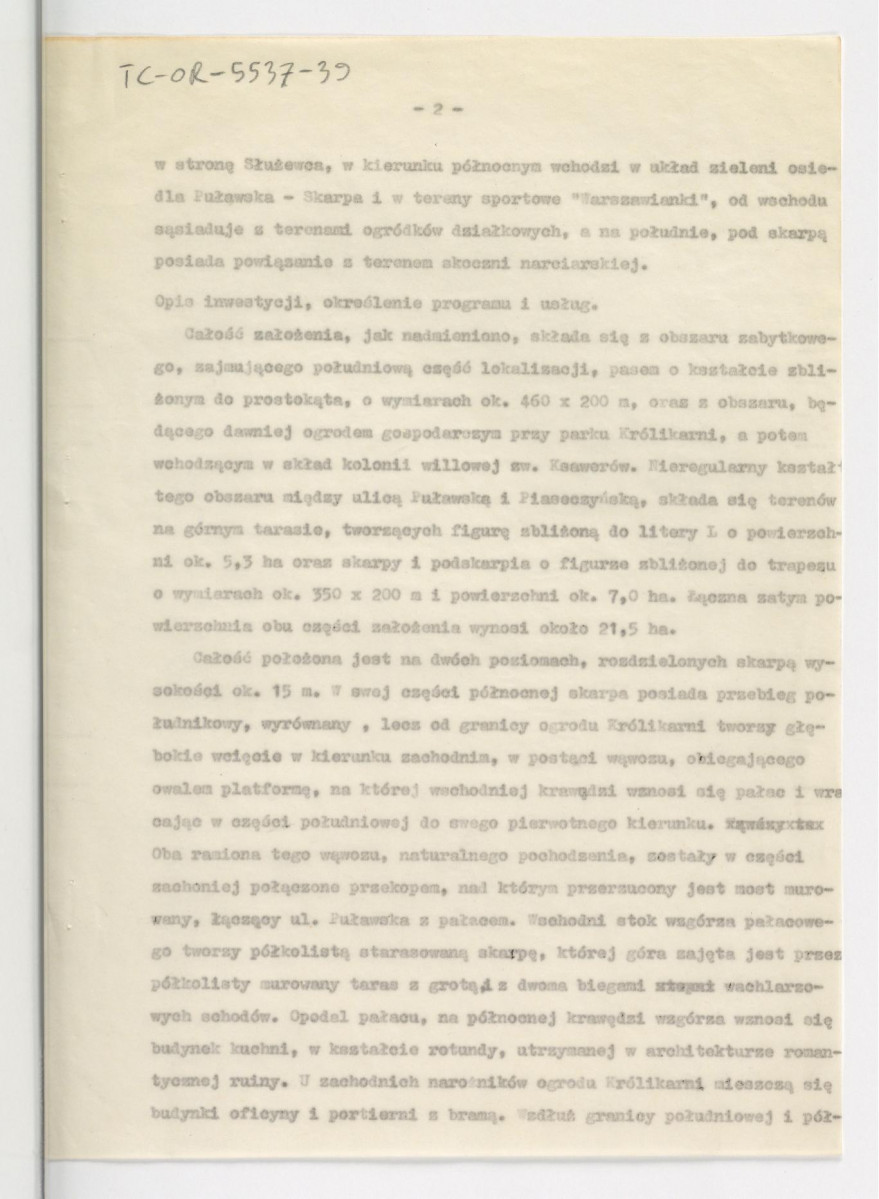 założenia projektowe rekonstrukcji ogrodu Królikarnia i zagospodarowania parku Puławska-Skarpa z 1963 r. opracowane przez G. Ciołka; osiem kart, skan 3