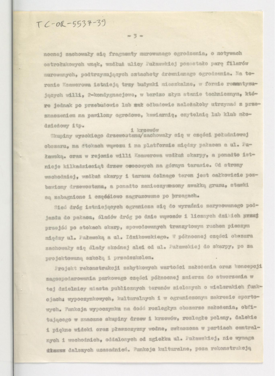 założenia projektowe rekonstrukcji ogrodu Królikarnia i zagospodarowania parku Puławska-Skarpa z 1963 r. opracowane przez G. Ciołka; osiem kart, skan 4