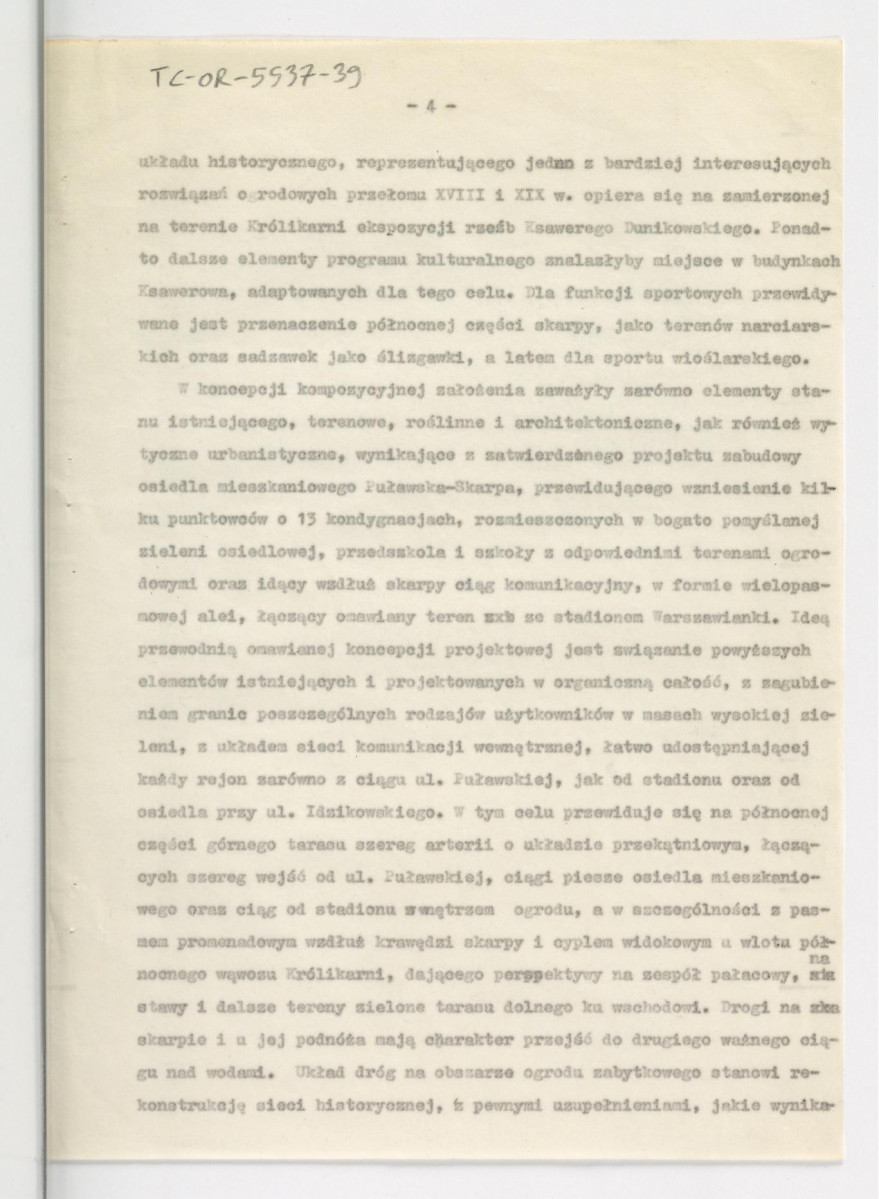 założenia projektowe rekonstrukcji ogrodu Królikarnia i zagospodarowania parku Puławska-Skarpa z 1963 r. opracowane przez G. Ciołka; osiem kart, skan 5