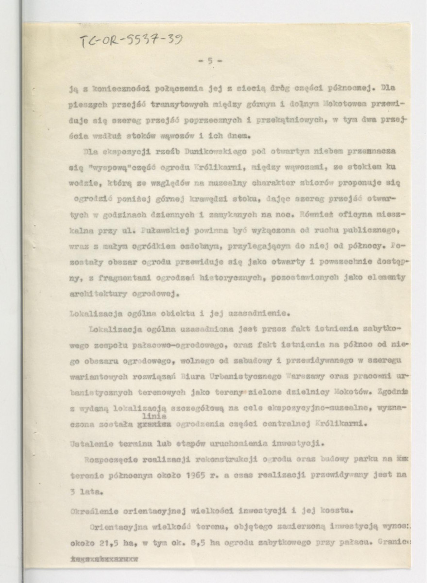 założenia projektowe rekonstrukcji ogrodu Królikarnia i zagospodarowania parku Puławska-Skarpa z 1963 r. opracowane przez G. Ciołka; osiem kart, skan 6