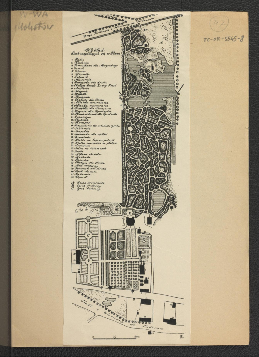 nadbitka z Ciołek G., Ogrody polskie, Warszawa 1954, s. 133-134 zawierająca reprodukcje planu ogrodu oraz rycin przedstawiających widok na staw i kuchnię na Powązkach oraz ruin stylizowanych na antyczne w Powązkach                                , skan 1