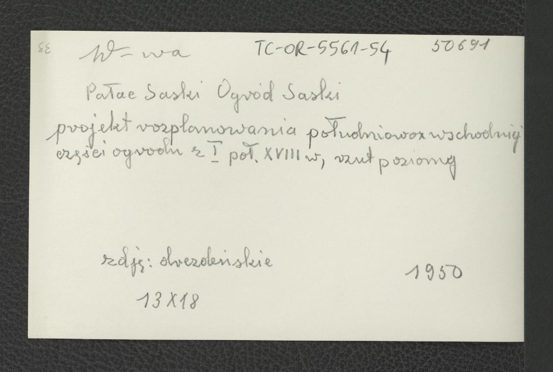 fotografia czarno-biała przedstawiająca projekt rozplanowania południowo-wschodniej części ogrodu z pierwszej połowy XVIII w., rzut poziomy; ze zbiorów drezdeńskich, skan 2