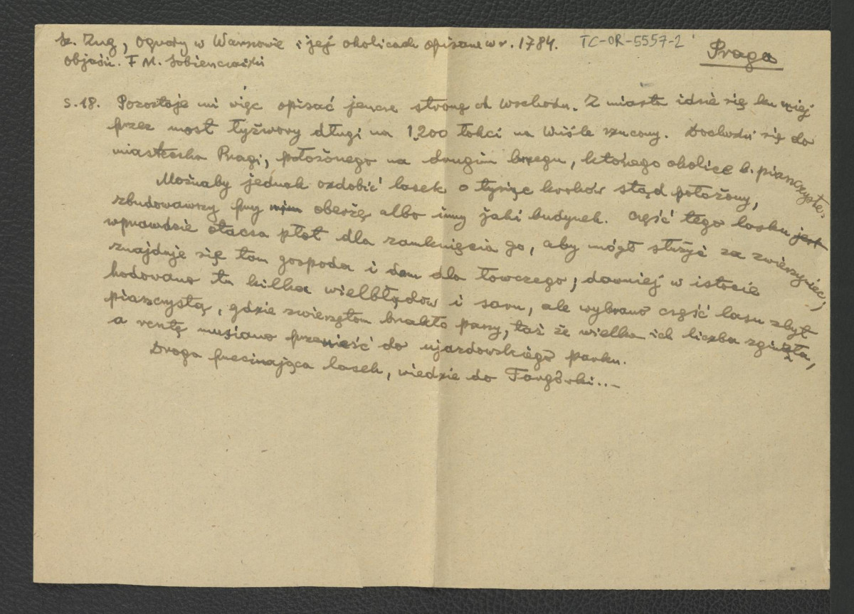 dwa wypisy z Zug S., Ogrody w Warszawie i jej okolicach opisane w 1784, Warszawa 1898, s. 18 dotyczący wioski Targówki oraz perspektywy założenia w jej pobliżu rezydencji letniej; dwie karty  , skan 1