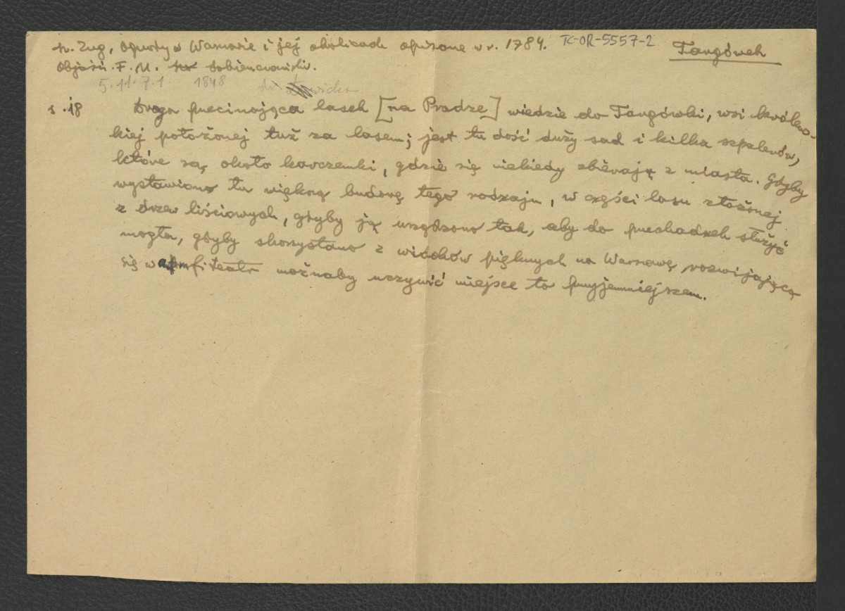 dwa wypisy z Zug S., Ogrody w Warszawie i jej okolicach opisane w 1784, Warszawa 1898, s. 18 dotyczący wioski Targówki oraz perspektywy założenia w jej pobliżu rezydencji letniej; dwie karty  , skan 2