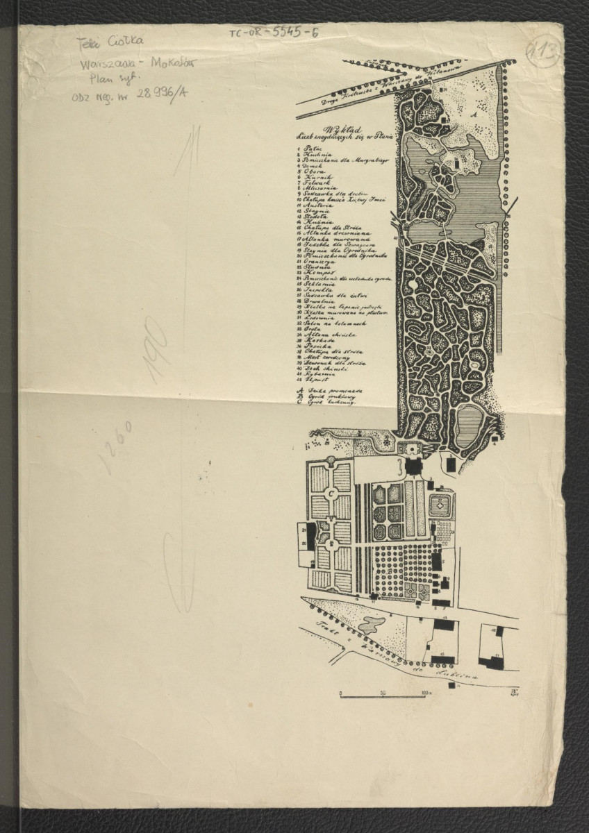 reprodukcja planu wykonanego przez G. Ciołka w 1949 r. zamieszczona w jego publikacji (Ogrody polskie, Warszawa 1954, s. 134), a ukazująca miejscowy ogród w pocz. XIX w. , skan 1