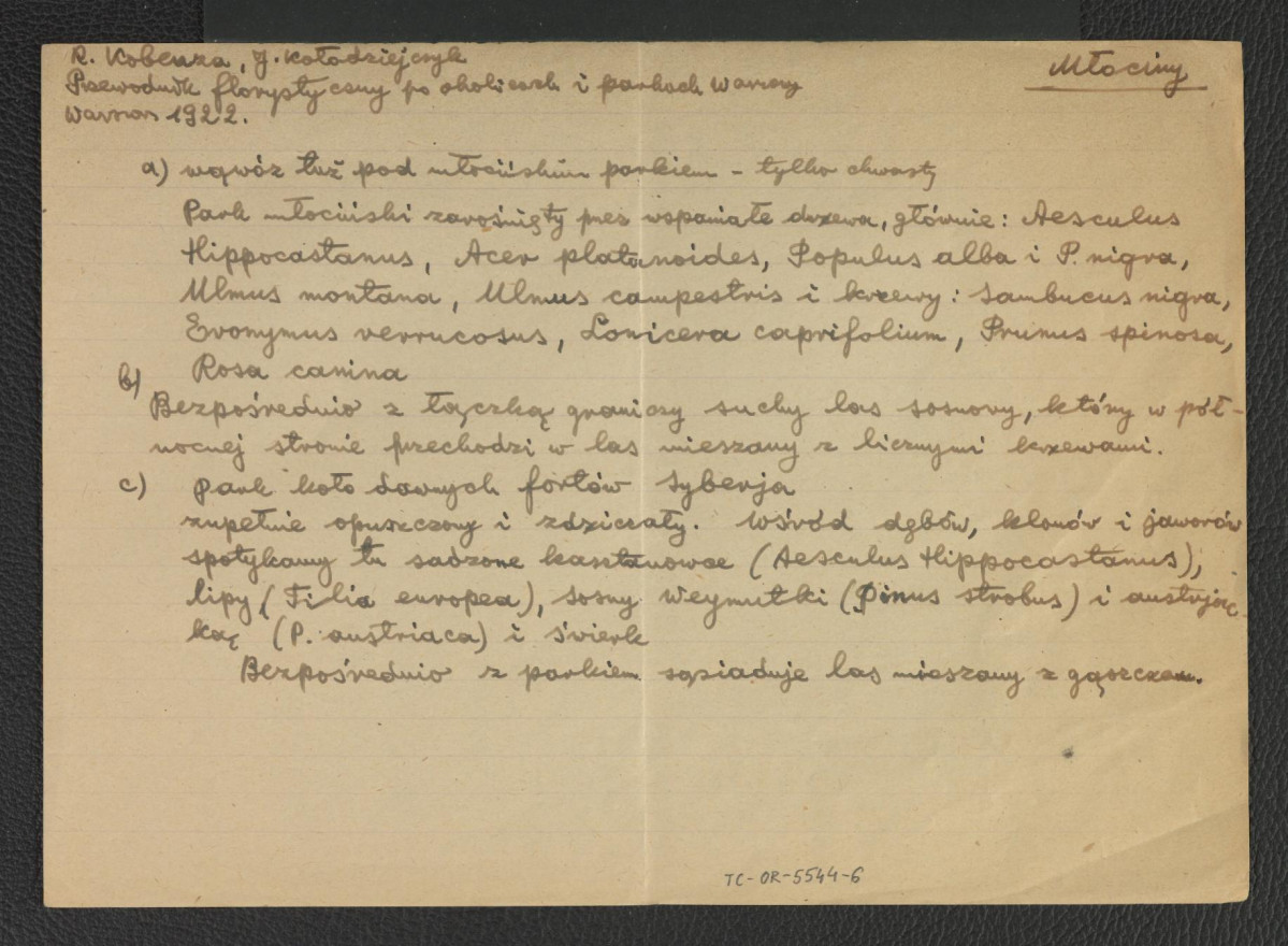 wypis z Kobenza R., Kołodziejczyk J., Przewodnik florystyczny po okolicach i parkach Warszawy, Warszawa 1922 wzmiankujący okolice zespołu pałacowego – wąwóz, park włościański etc. , skan 1