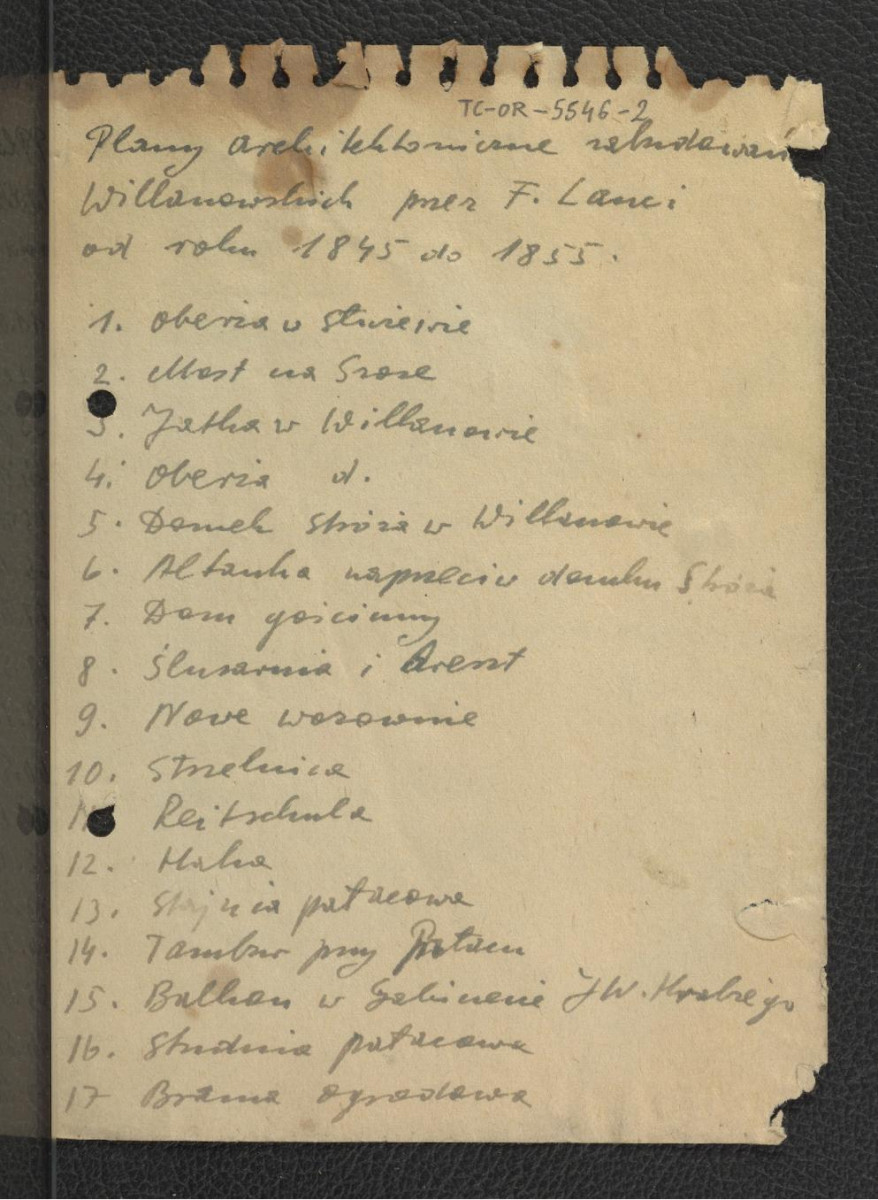 spis planów architektonicznych zabudowań wilanowskich przez F. Lanciego od 1845 do 1855 r.; trzy karty  , skan 1