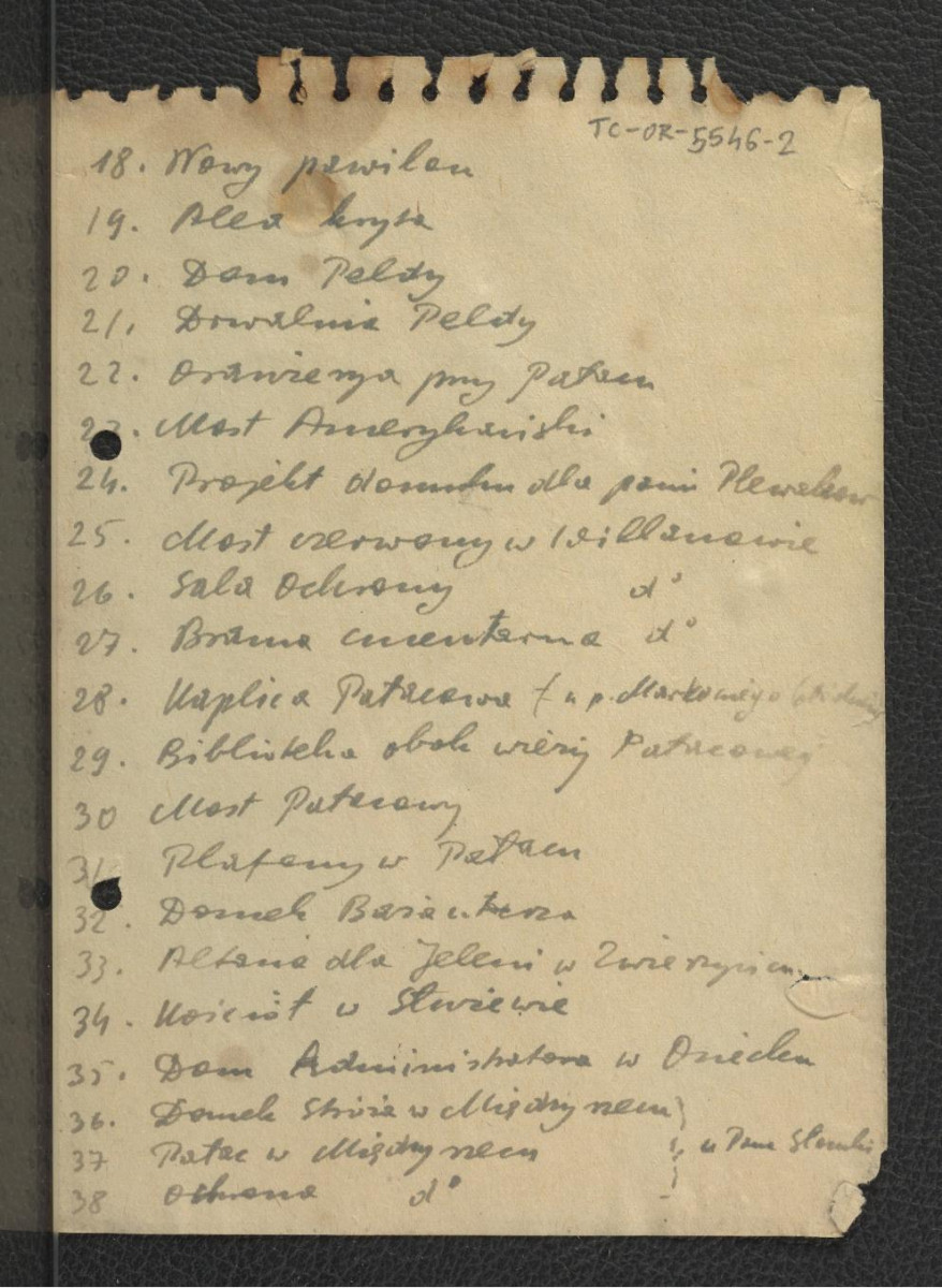 spis planów architektonicznych zabudowań wilanowskich przez F. Lanciego od 1845 do 1855 r.; trzy karty  , skan 2